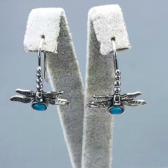 Silver Dragonfly Moonstone Hook Boho Vintage Earrings - Picture 4 of 5